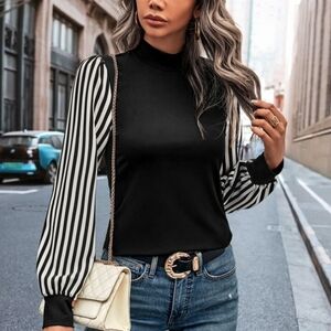 Black Mock-Neck Top with Black & White Striped Balloon Sleeves